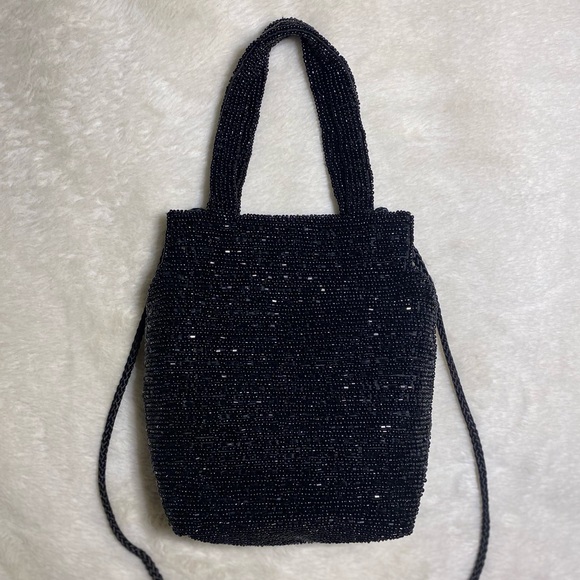 Handbags - Black Glass-Beaded Evening Bag with Long Strap EUC